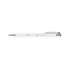 A metal pen in silver with a sleek design and a clip, featuring a logo on its surface.