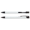 A black and white metal pen duo featuring sleek designs and a clip for easy carrying. Includes a logo.