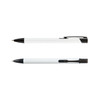 A black and white metal pen with a sleek design and a clip, featuring a discreet logo.