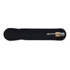 A bamboo pen with a silver tip displayed on a black background. The pen includes a holder.