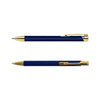 A metal pen in navy blue with gold accents, featuring a clip and a pointed tip, displayed from two angles.
