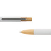 A metal pen with a white body and a bamboo tip, featuring a contrasting clip. It has a logo on the clip area.