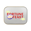 A silver rectangular tin labeled "FORTUNE FEAST," featuring a bowl of dumplings and decorative elements.