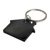 A house-shaped stainless steel keytag with a keyring attached.