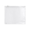 A clear pencil case with a zip closure, featuring a transparent design and a logo in the bottom corner.