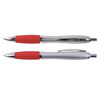 A metal pen set featuring a silver body and red accents, with one pen capped and the other with a clip.