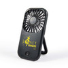 A portable Sirocco Fan with a black design, featuring a brand logo and a stand for support.