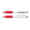 A red and white stylus pen with a shiny silver clip, featuring a branding logo.