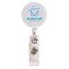 A white retractable name badge holder with a circular top and a metal clip, featuring a logo.