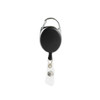 A Premium Retractable ID Badge Holder featuring a black circular reel with a silver clip and a clear badge attachment.