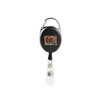 A black retractable ID badge holder with a clip and a clear badge attachment. It features a logo.