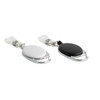A Premium Retractable ID Badge Holder in black and white with a metal clip and a retractable cord for easy access.
