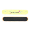 A bamboo nail file with a yellow and white polka dot design and a black filing surface. It features a logo.