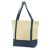 A beige tote bag with navy blue handles and a navy blue base, featuring a logo.