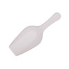 A white plastic scoop with a rounded handle, designed for dispensing small amounts of powder or granules.