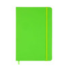 A vibrant green A5 notebook featuring a smooth cover, an elastic band closure, and a ribbon bookmark.
