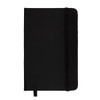 A black pocket notebook featuring a soft cover and an elastic band closure, designed for office and business use.