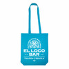 A bright blue cotton tote bag featuring a logo and graphic design associated with a bar.