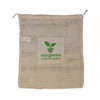A reusable mesh produce bag featuring a natural color with a green eco genius logo that reads "THINK SUSTAINABILITY."
