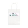 A medium white paper bag with a design featuring a parasol, palm trees, and a flamingo. It has a logo on the front.