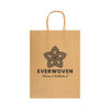 A large brown paper bag with a logo and a patterned design featuring a flower-like shape.