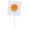 An orange lollipop in clear packaging with a white stick, featuring a simple design.