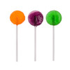 Colourful lollipops in orange, purple, and green, each on a white stick, featuring a shiny surface and round shape.