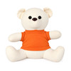A plush bear with a cream-coloured body and an orange shirt, featuring large black eyes and a stitched nose.