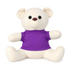 A plush bear with a cream-coloured body and a purple shirt, featuring black eyes and a brown nose.