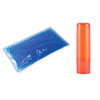 A gel pack with blue beads and an orange tube of lip balm.
