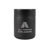 A food container featuring a sleek black design with a lid, adorned with the logo "ALL TERRAIN EXPLORERS."