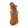 A brown and tan horse-shaped stress reliever with a smooth surface and a small logo on it.