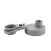 A drink bottle cap in gray with a flip-top design and a removable handle. Features a textured grip.
