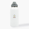 A drink bottle in a frosted white finish with a gray cap, featuring a logo.