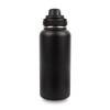 A drink bottle made of stainless steel with a matte black finish and a screw-top lid. It features a logo on the body.