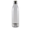 A drink bottle with a transparent body and a metallic base and cap.