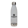 A drink bottle made of clear plastic with a stainless steel lid and a logo on the front.