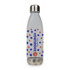 A drink bottle with a clear body featuring colourful polka dots in red and blue, and a stainless steel cap.