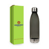 A drink bottle in a sleek grey finish with a silver top, displayed alongside a green box. It features a logo.