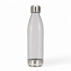 A drink bottle featuring a clear body and stainless steel cap and base, suitable for various beverages.