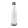 A drink bottle with a sleek white exterior and a stainless steel bottom. The design features a polished metal cap.