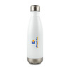 A drink bottle in white stainless steel with a silver base and a logo.