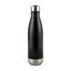 A drink bottle made of stainless steel, featuring a sleek black finish and a silver base. It has a logo.