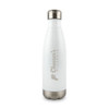 A drink bottle with a white body and silver lid, featuring a logo on the side.