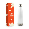 A drink bottle in white with a stainless steel base, packaged in a vibrant box featuring a playful design.