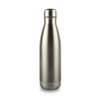 A drink bottle in a sleek metallic finish with a screw-top lid and a circular base. Features a logo on the surface.