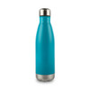 A drink bottle with a sleek turquoise body and a stainless steel base, featuring a metal cap and a logo.