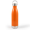 A drink bottle with a silver base and bright orange body, featuring a hanger lid and a metal handle.