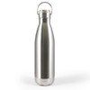 A drink bottle with a sleek silver finish and a hanger lid, featuring a stainless steel design.