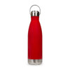 A drink bottle in bright red with a stainless steel base and a hanger lid. It features a logo on the side.